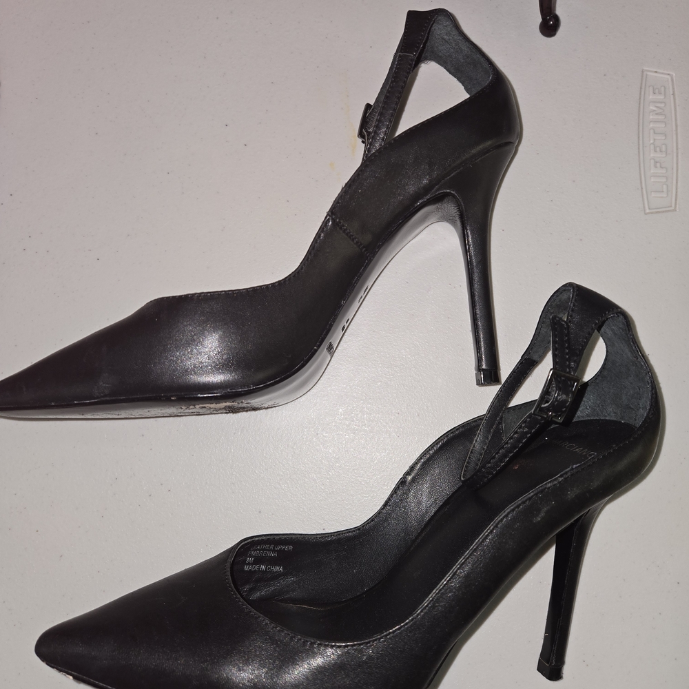Marciano Black Pointed Toe Stiletto Pumps with Ankle Strap